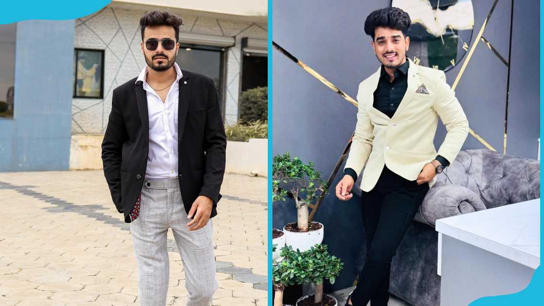 A man in a black blazer with a white shirt and checked grey dress pants (L) and a man in a cream blazer with a black shirt and trousers (R) A man in a black blazer with a white shirt and checked grey dress pants (L) and a man in a cream blazer with a black shirt and trousers (R)