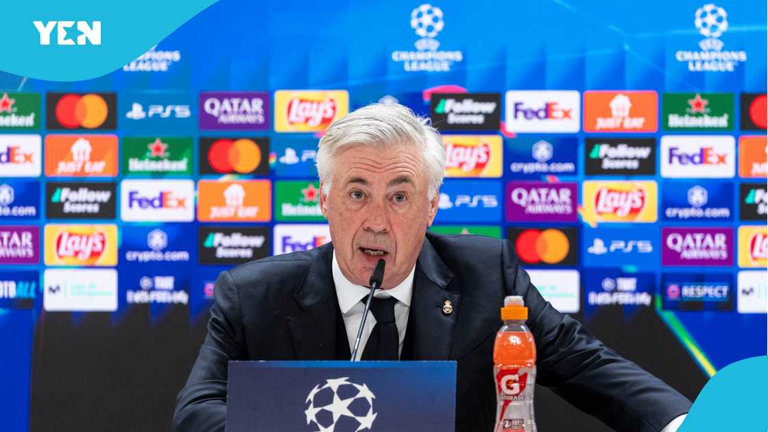 Carlo Ancelotti head coach of Real Madrid CF during a press conference following the UEFA Champions League 2024/25 Quarter Final Second Leg match between Real Madrid C.F. and Arsenal FC at Estadio Santiago Bernabeu on April 16, 2025 in Madrid, Spain Carlo Ancelotti head coach of Real Madrid CF during a press conference following the UEFA Champions League 2024/25 Quarter Final Second Leg match between Real Madrid C.F. and Arsenal FC at Estadio Santiago Bernabeu on April 16, 2025 in Madrid, Spain