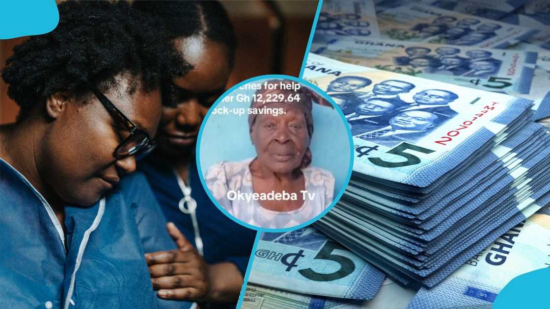 Old Ghanaian Woman, cries, locked up savings, money, defunct banks