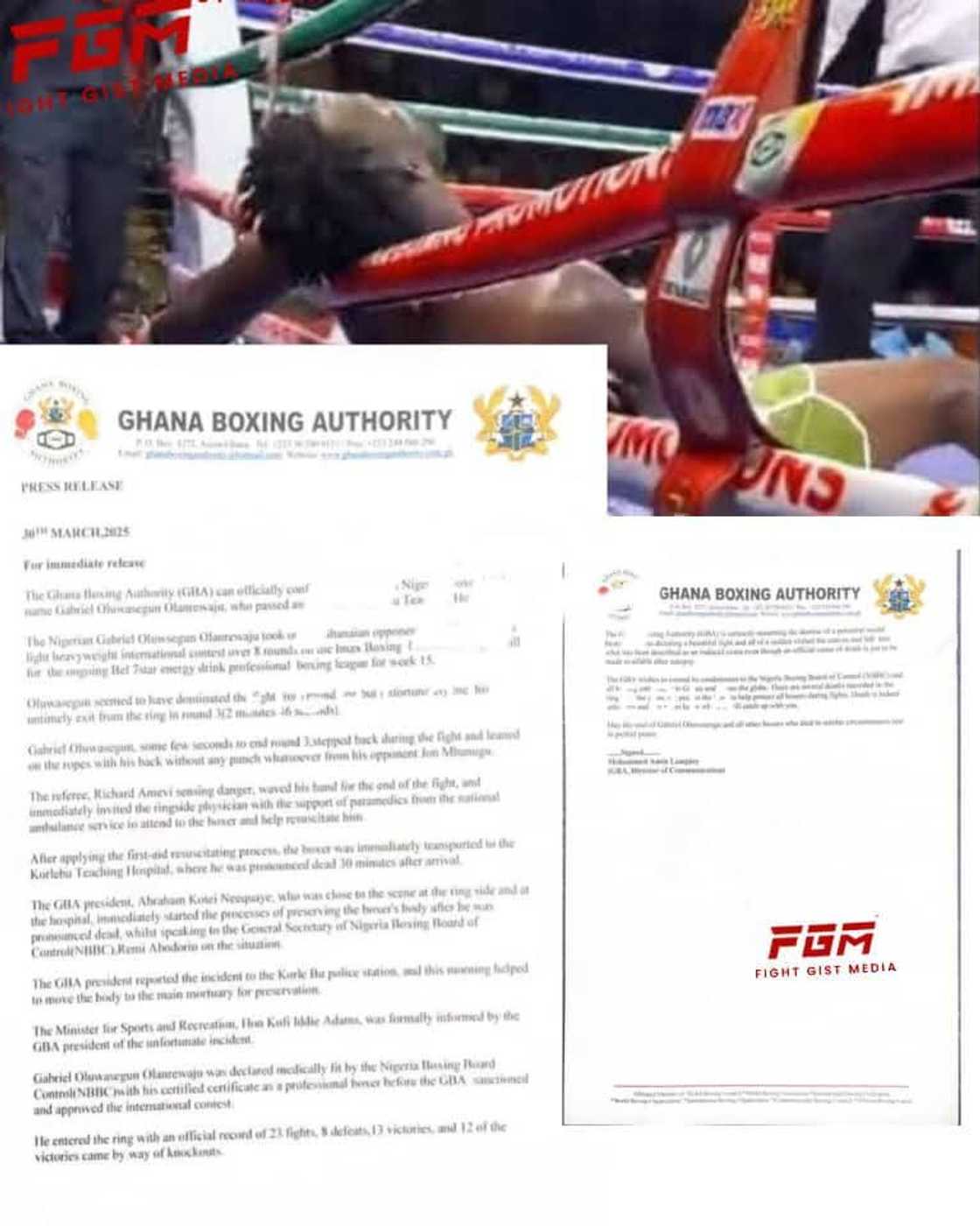 The Ghana Boxing Authorithy confimed the death of Gabriel Oluwasegun Olanrewaju during a boxing bout in Accra against John Mbanugu on March 29, 2025 The Ghana Boxing Authorithy confimed the death of Gabriel Oluwasegun Olanrewaju during a boxing bout in Accra against John Mbanugu on March 29, 2025