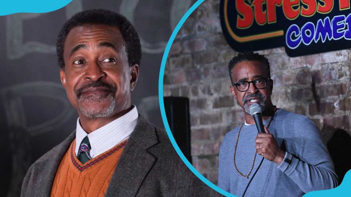 Tim Meadows in an official outfit and holding a mic