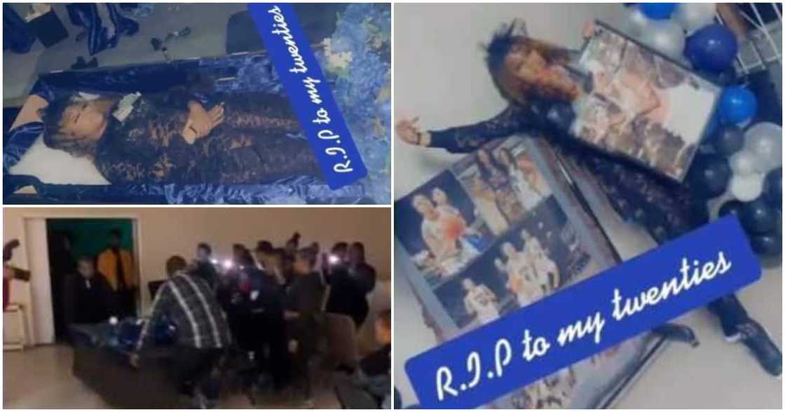 Video shows moment young lady stormed the venue for her 30th birthday party in a coffin, sparks reactions Video shows moment young lady stormed the venue for her 30th birthday party in a coffin, sparks reactions
