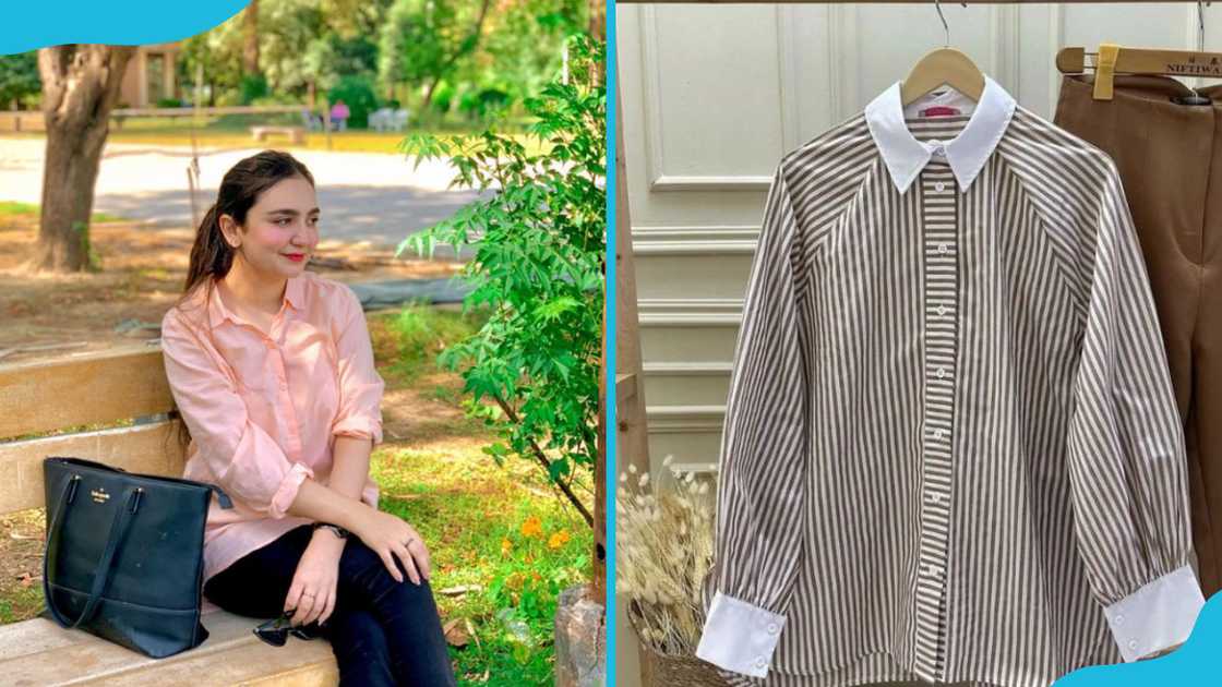 Pink and stripped button-down tops for women. Pink and stripped button-down tops for women.