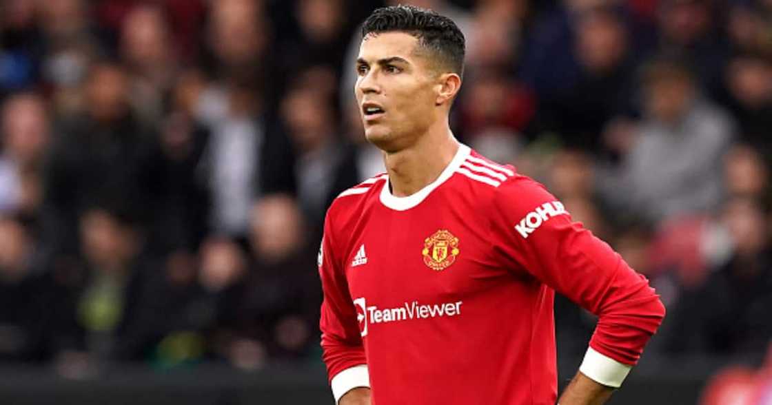 Cristiano Ronaldo of Manchester United reacts during the Premier League match between Manchester United and Everton at Old Trafford on October 02, 2021 in Manchester, England. (Photo by Michael Regan/Getty Images)