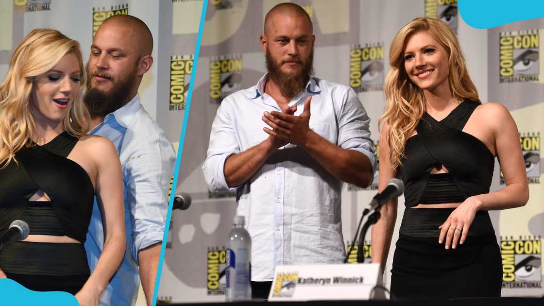 Actor Travis Fimmel and actress Katheryn Winnick during Comic-Con International 2015. Actor Travis Fimmel and actress Katheryn Winnick during Comic-Con International 2015.