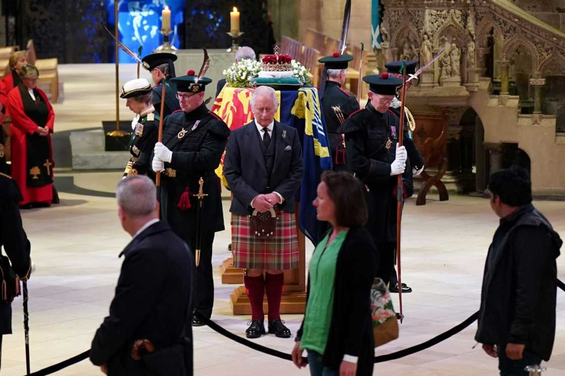 Charles, 73, Anne, the Princess Royal, 72, Andrew, the Duke of York, 62, and Edward, the Duke of Wessex, 58, stood eyes closed for about 10 minutes around the casket Charles, 73, Anne, the Princess Royal, 72, Andrew, the Duke of York, 62, and Edward, the Duke of Wessex, 58, stood eyes closed for about 10 minutes around the casket