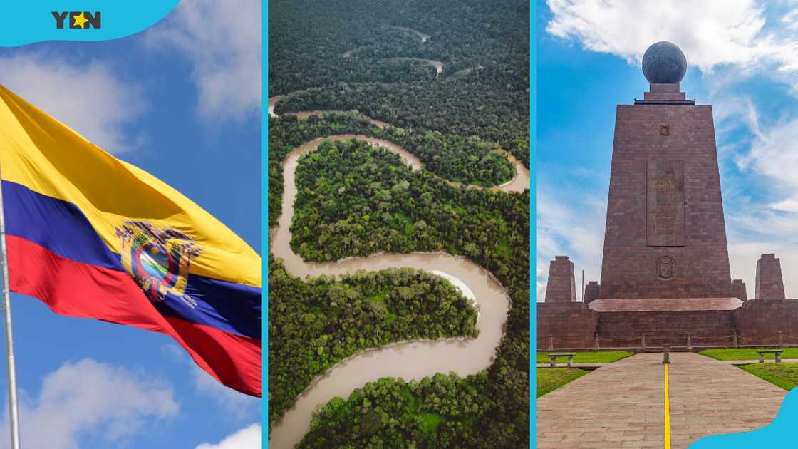 Ecuador's national flag (L), the Ecuadorian Amazon river basin and the equatorial line building in Mitad del Mundo (R)