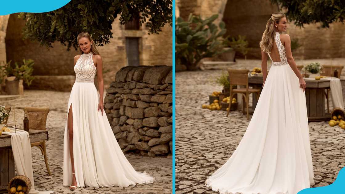 A-line gown style with a halter neckline A-line gown style with a halter neckline