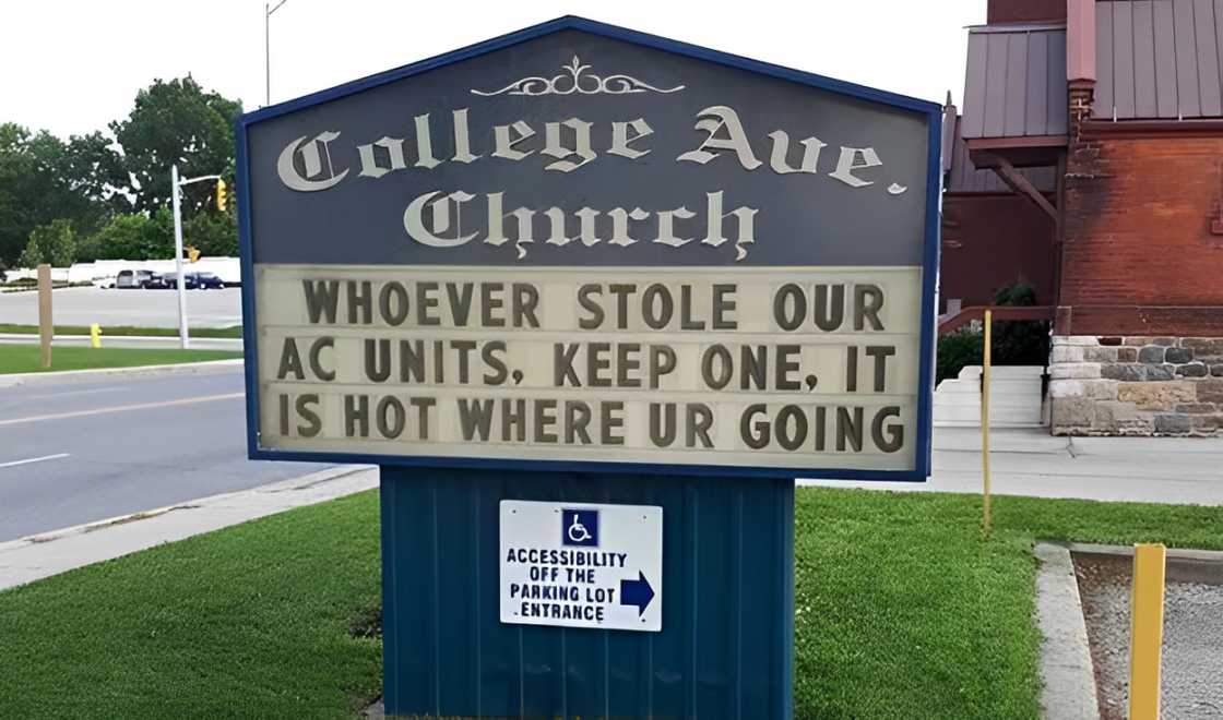 A humorous church sign for Collage Aue Church