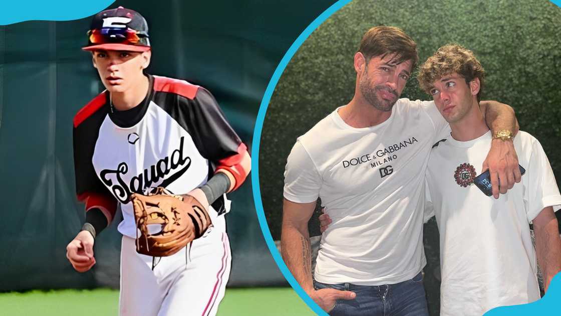 Christopher Levy is seen running on the field during a past game (L). He poses with his dad, his dad's arm wrapped around Levy's shoulder (R).