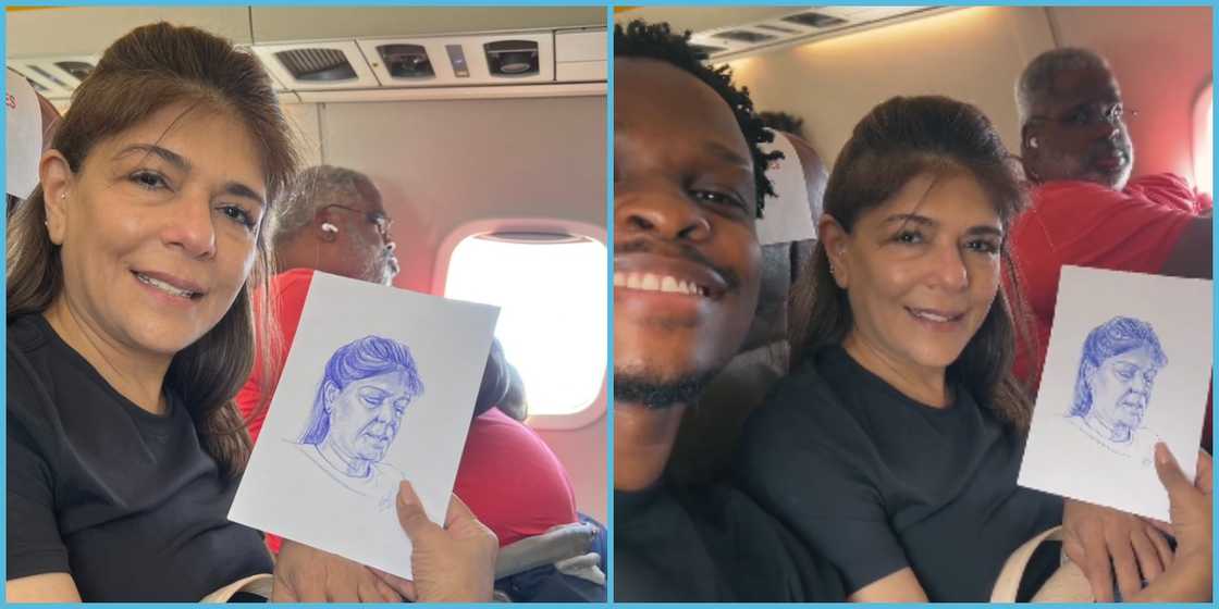 Enil Art sketches a white woman on a plane and gives it to her.