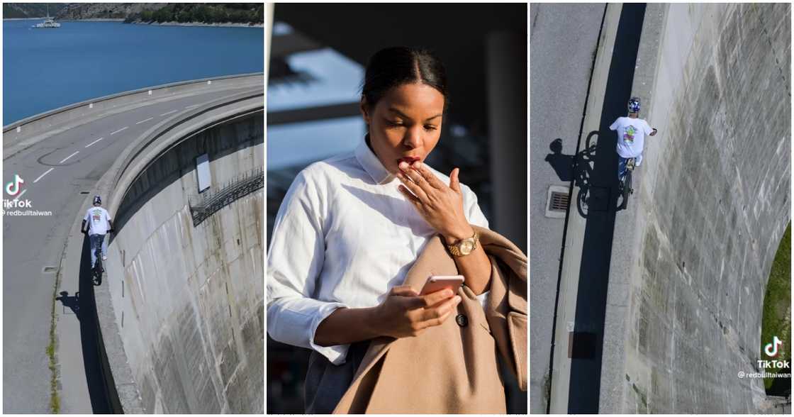 Photos of Fabio Wibmer riding a bike on a narrow wall with huge cave Photos of Fabio Wibmer riding a bike on a narrow wall with huge cave