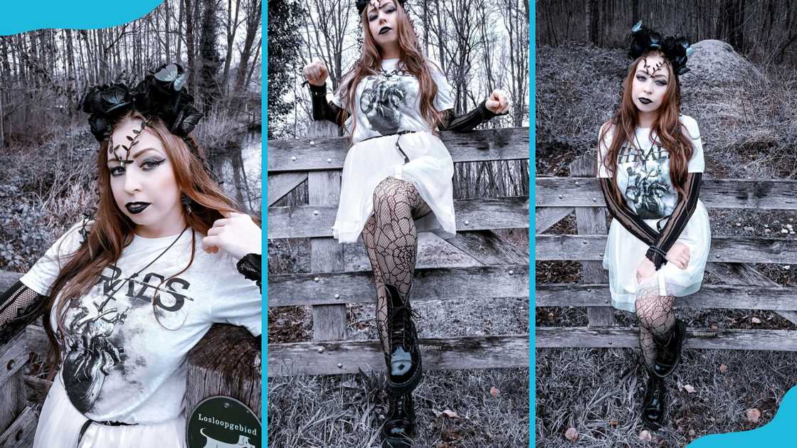 A model showcases her dark fairycore aesthetic outfit.