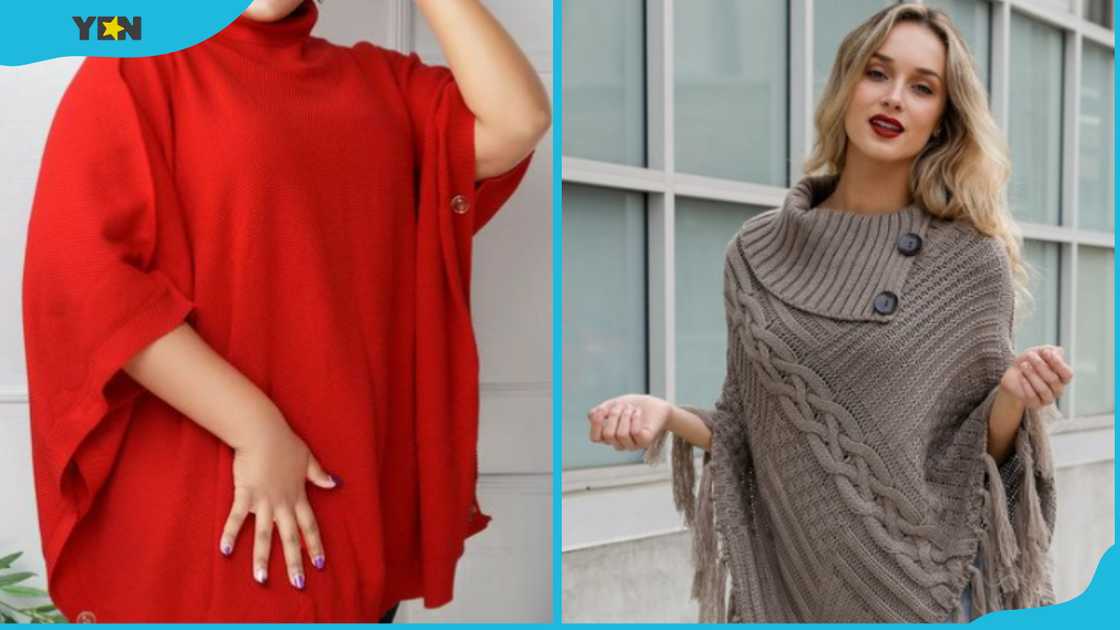 Two ladies wearing poncho sweaters Two ladies wearing poncho sweaters