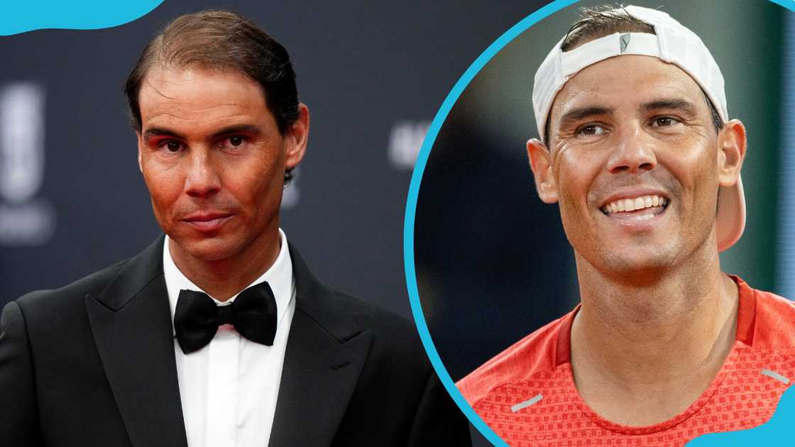 Rafael Nadal during the red carpet (L). Nadal at Roland Garros (R) Rafael Nadal during the red carpet (L). Nadal at Roland Garros (R)