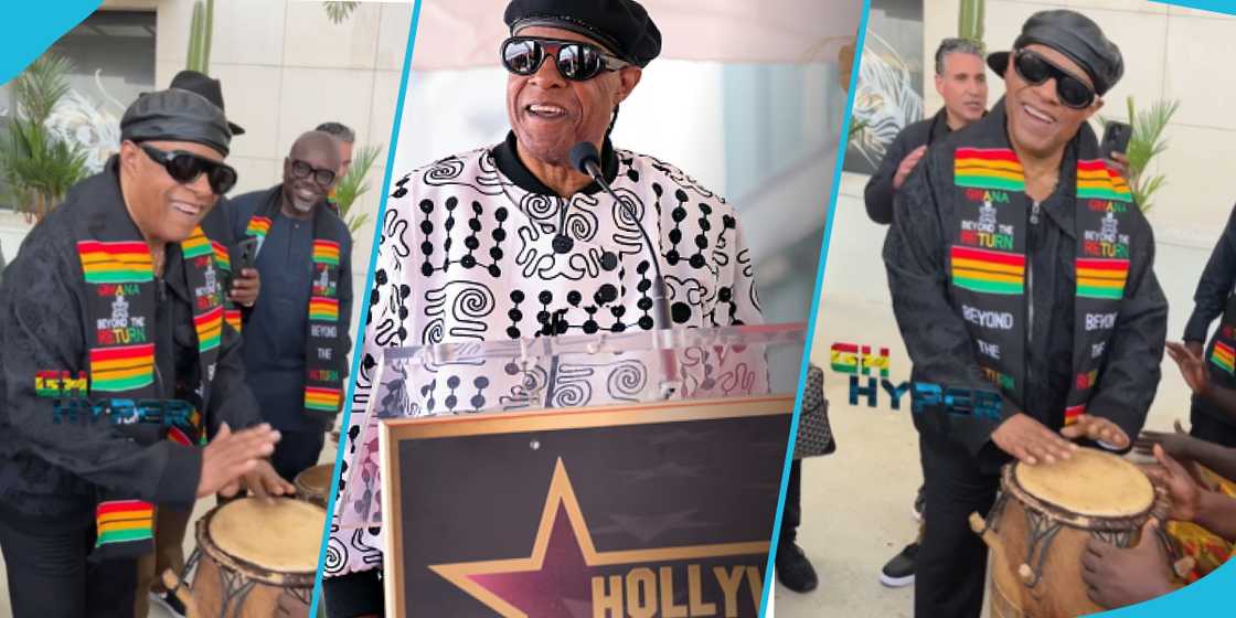 Stevie Wonder expertly plays drums as he is welcomed at Kotoka by cultural group