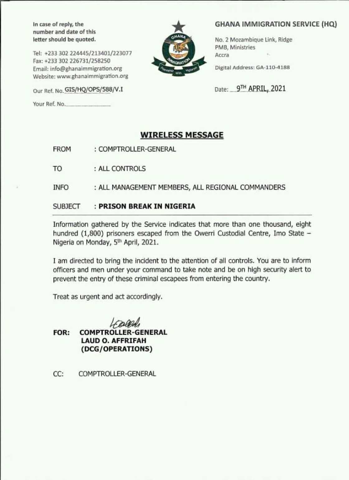 Prison break: Immigration on high alert over invasion of Ghana border by 1,800 Nigerian prisoners Prison break: Immigration on high alert over invasion of Ghana border by 1,800 Nigerian prisoners