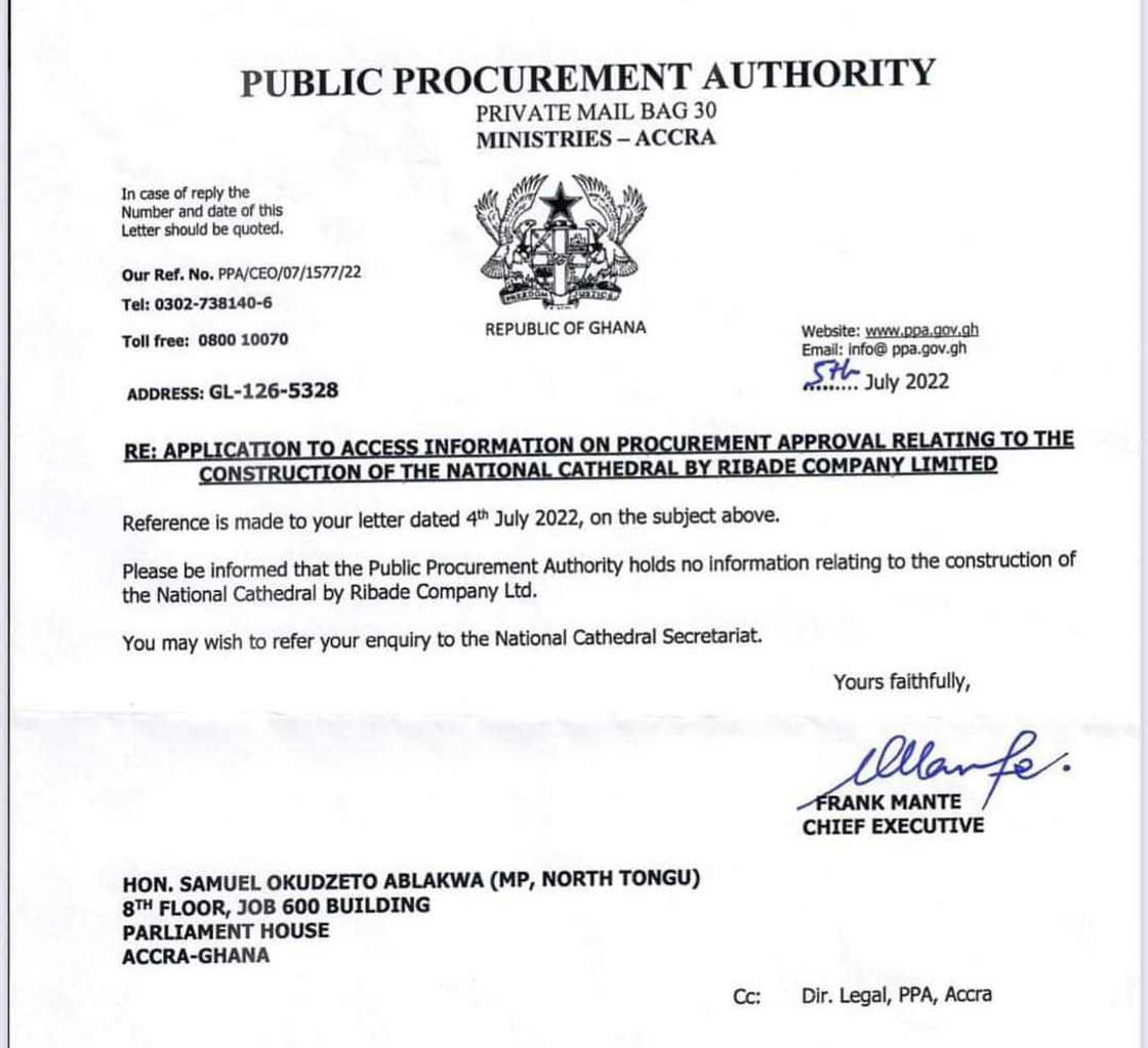 PPA responds to Okudzeto Ablakwa's request for infomation on National Cathedral. PPA responds to Okudzeto Ablakwa's request for infomation on National Cathedral.