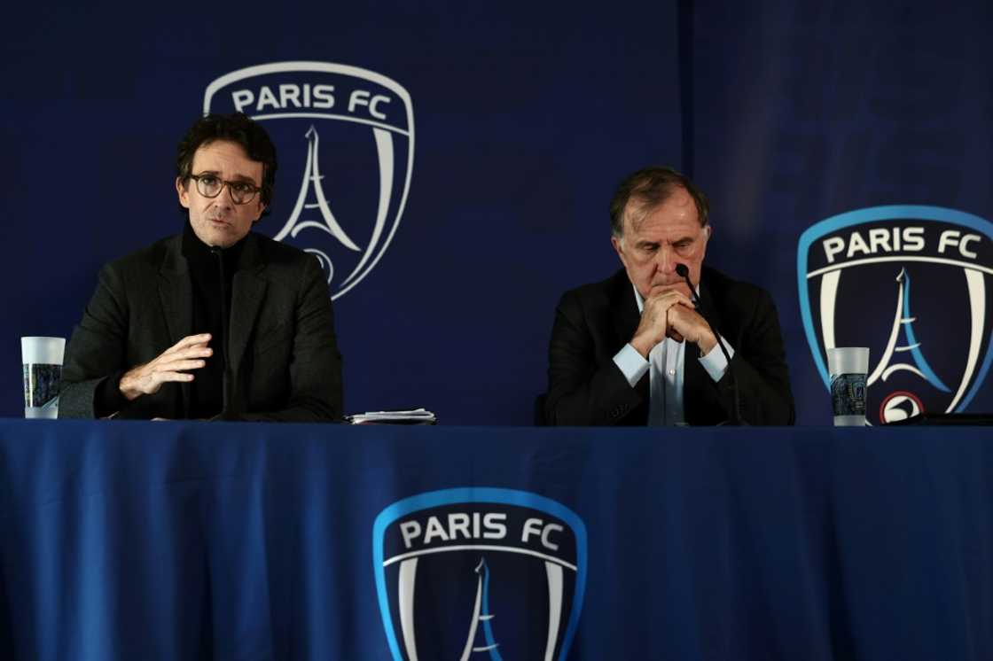 Antoine Arnault (L) and Paris FC president Pierre Ferracci (R) at Wednesday's press conference announcing the imminent acquisition of the club