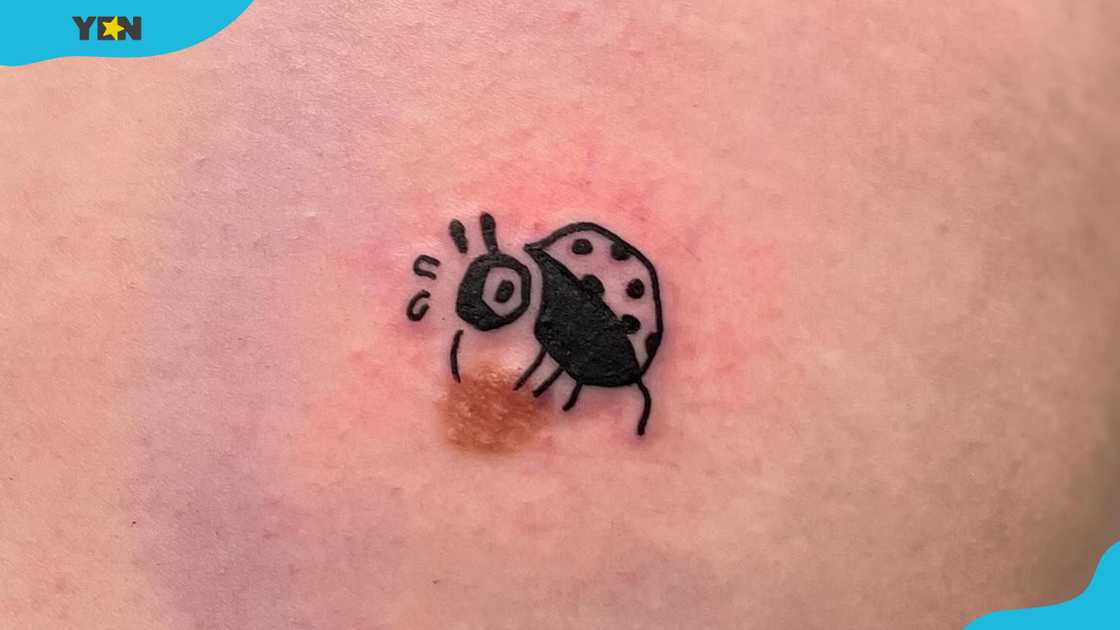 A small, cartoon-style ladybug tattoo in black ink