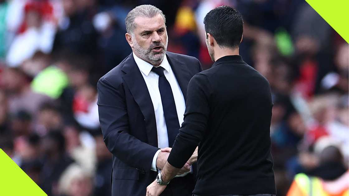Ange Postecoglou and Mikel Arteta shake hands during the North London derby at the Emirates Stadium last season. Ange Postecoglou and Mikel Arteta shake hands during the North London derby at the Emirates Stadium last season.