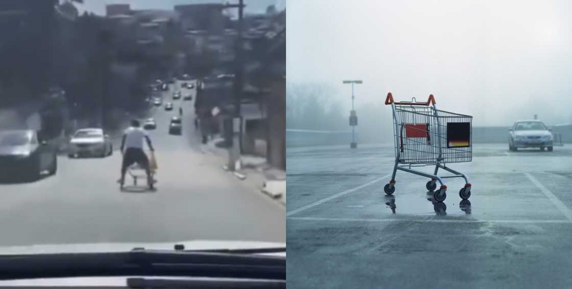 Man riding on shopping cart