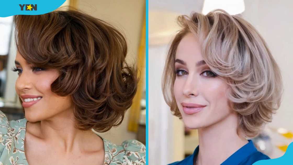 Warm chestnut brown with highlights (L). Ash blonde butterfly haircut with retro vibes (R) Warm chestnut brown with highlights (L). Ash blonde butterfly haircut with retro vibes (R)