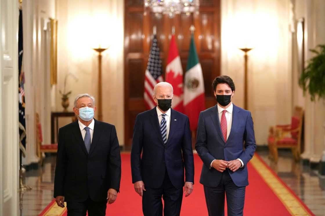 US President Joe Biden, Canadian Prime Minister Justin Trudeau and Mexican President Andres Manuel Lopez Obrador at their last North American leaders summit in Washington in 2021 US President Joe Biden, Canadian Prime Minister Justin Trudeau and Mexican President Andres Manuel Lopez Obrador at their last North American leaders summit in Washington in 2021
