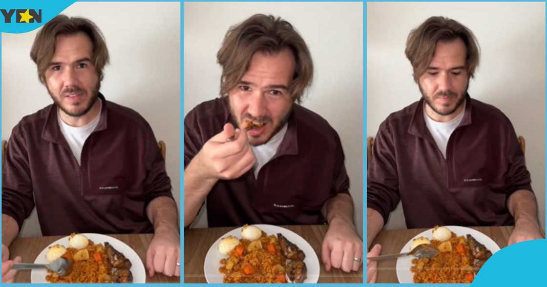 White man complaining to his wife as he eats Ghana Jollof. White man complaining to his wife as he eats Ghana Jollof.