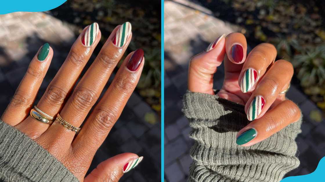 Festive stripes and chic accents green nail art Festive stripes and chic accents green nail art
