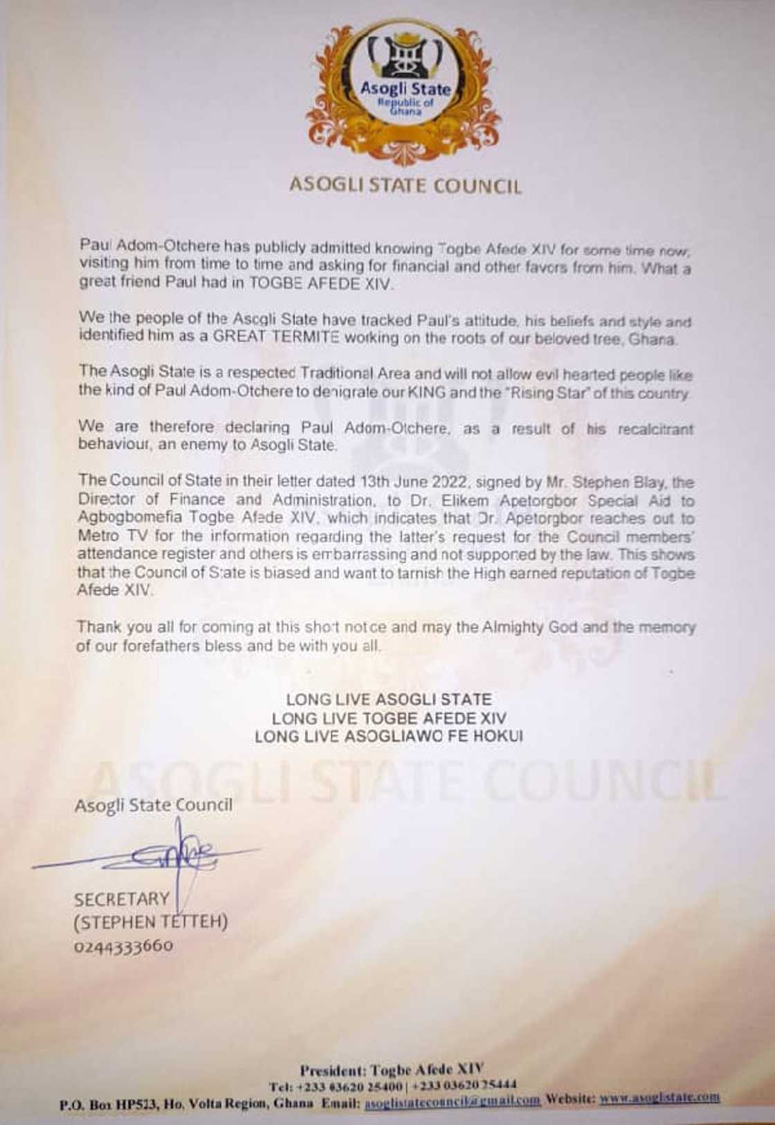 Asogli State Council press release on Paul Adom-Otchere