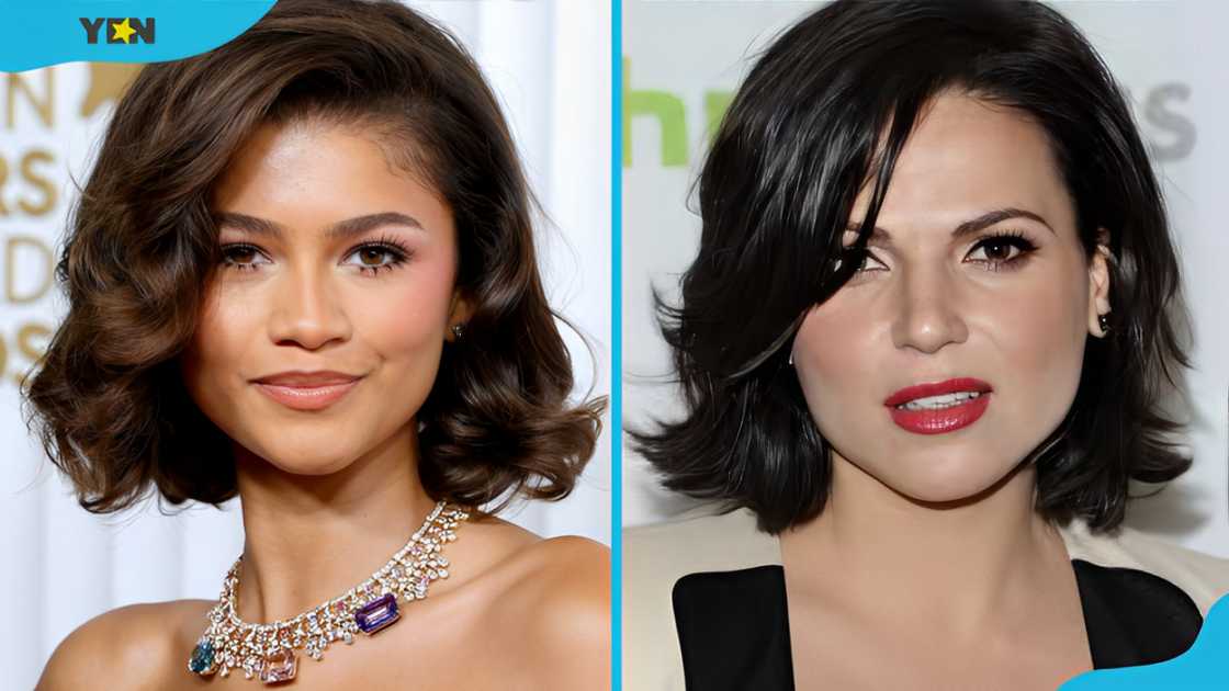 warm-brown side-swept butterfly haircut (L). Black side-swept butterfly haircut (R) warm-brown side-swept butterfly haircut (L). Black side-swept butterfly haircut (R)