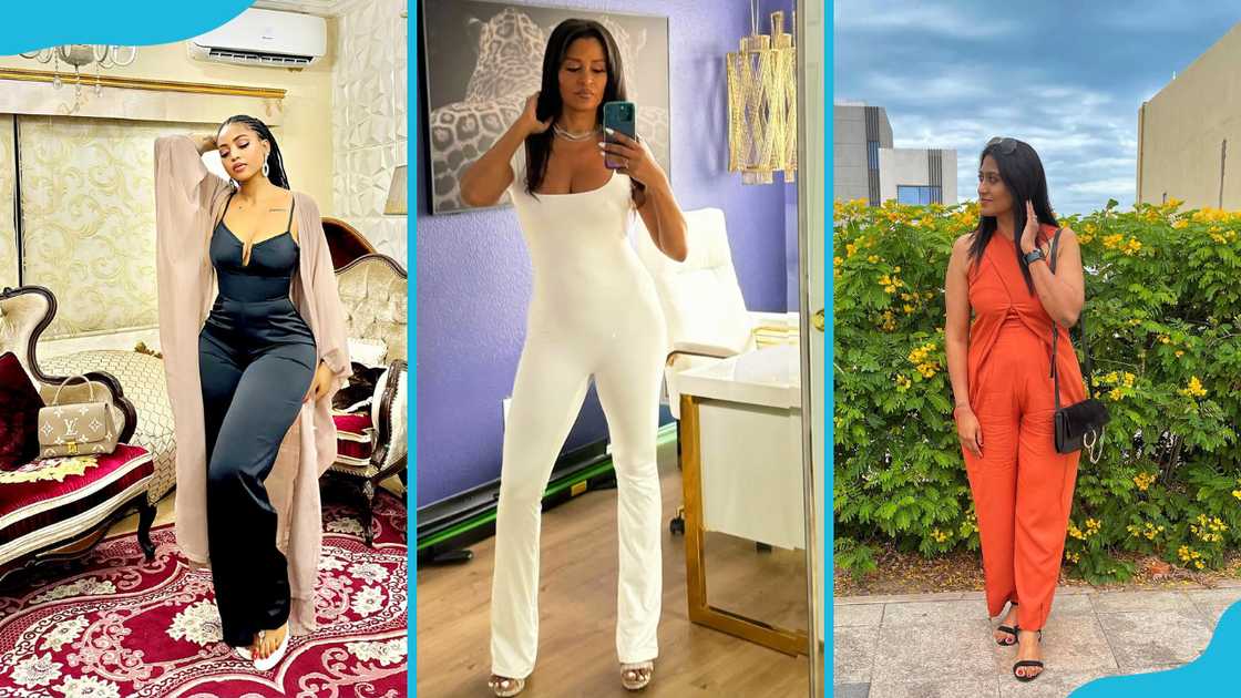 Three women showcase various jumpsuit designs.