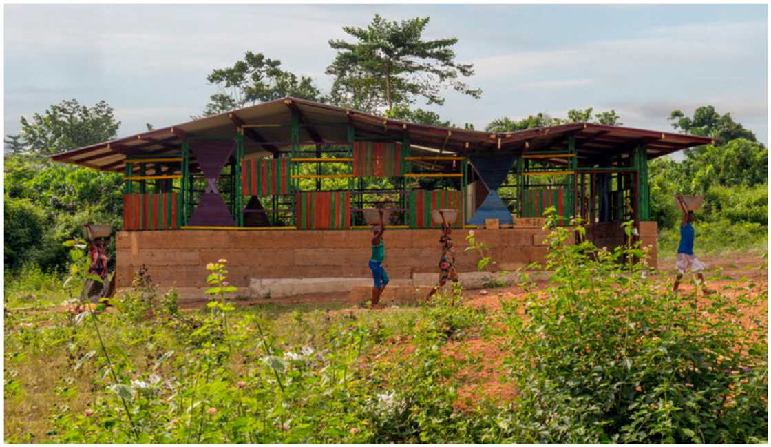 The classroom block is designed with colourful kente patterns The classroom block is designed with colourful kente patterns