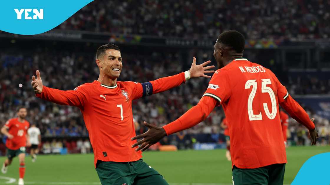 Cristiano Ronaldo, Nuno Mendes, UEFA, Nations League, Portugal, semi-final, Germany, goal. Cristiano Ronaldo, Nuno Mendes, UEFA, Nations League, Portugal, semi-final, Germany, goal.