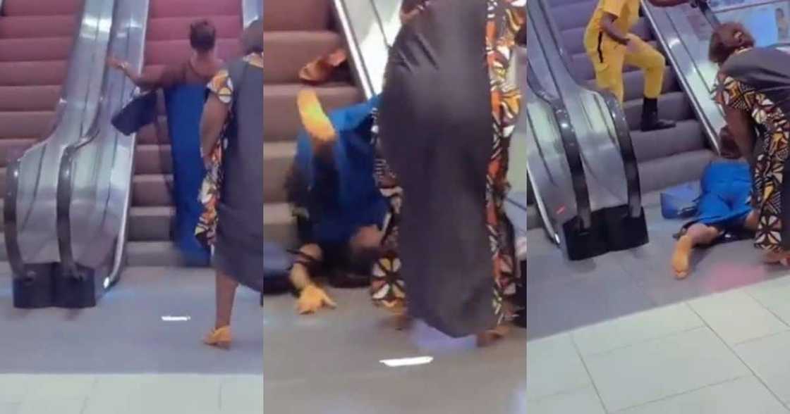 Video clip, woman, failing to get onto escalator, SA giggling. Video clip, woman, failing to get onto escalator, SA giggling.
