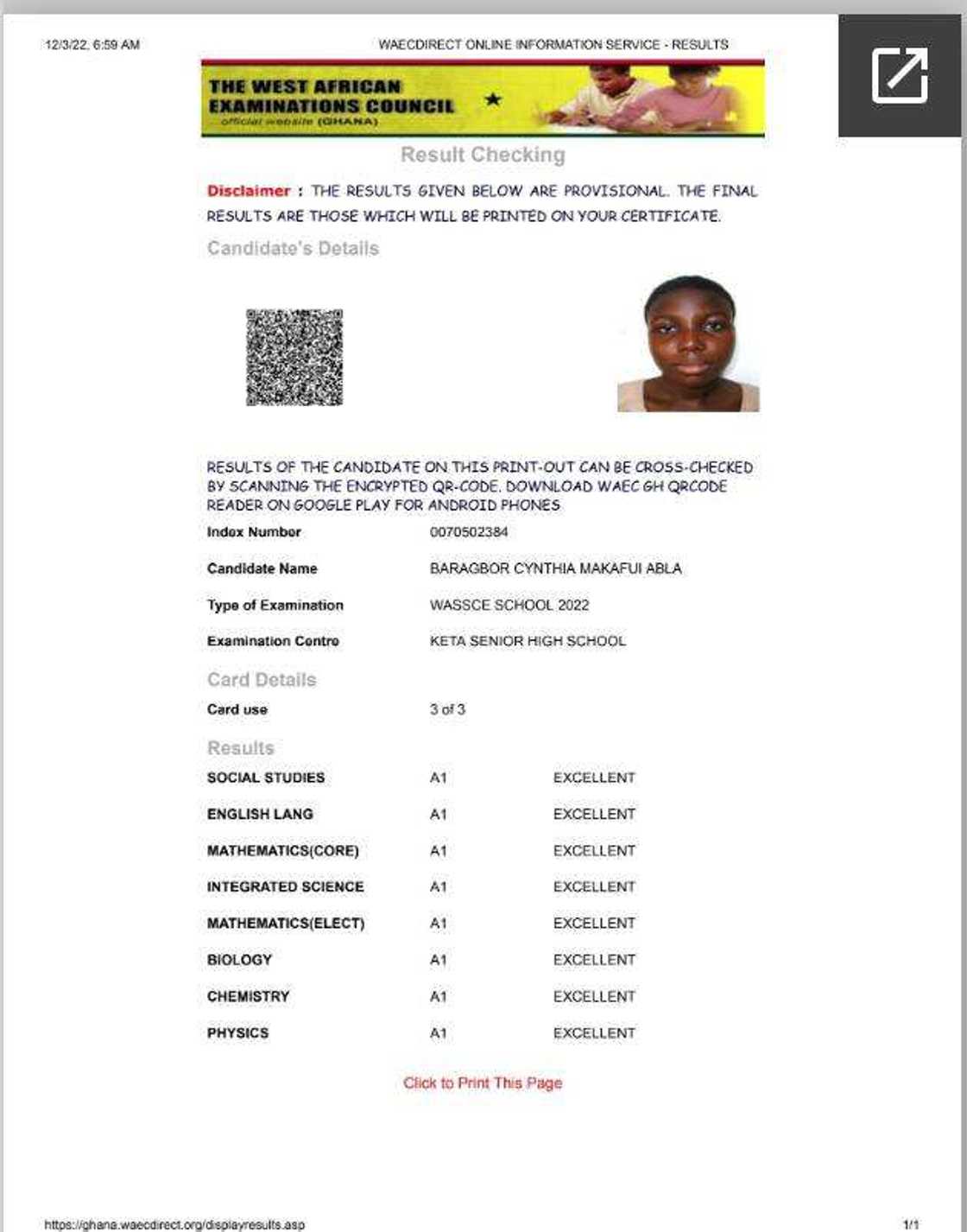 Keta lady's WASSCE results. Keta lady's WASSCE results.