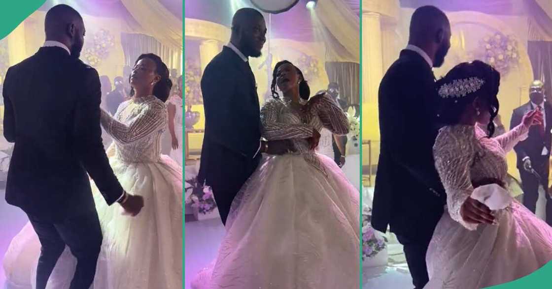 Lady and her man dance to Indian song on their wedding day.