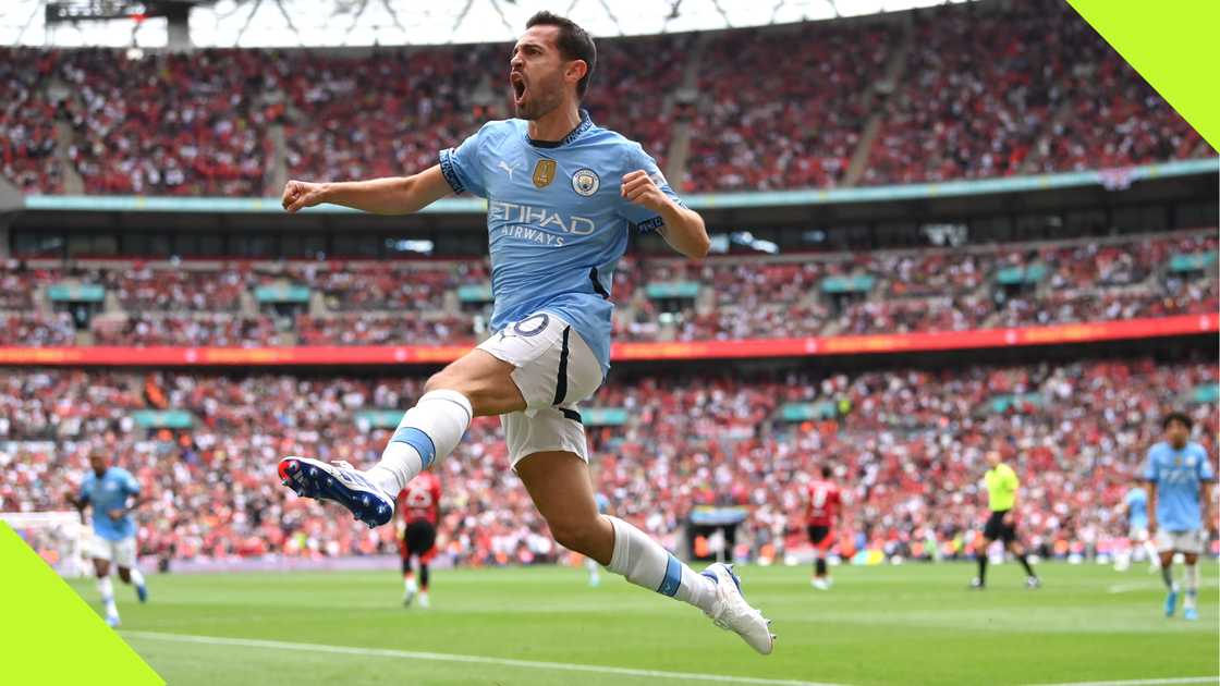 Bernardo Silva celebrates his goal in the Community Shield.