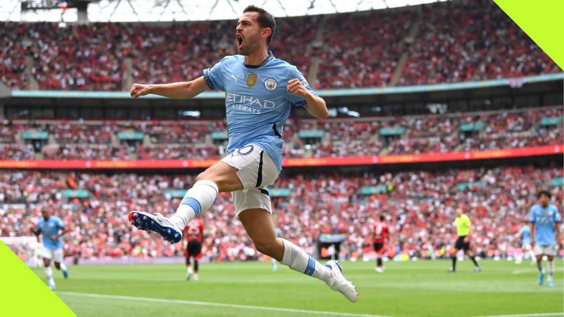 Bernardo Silva celebrates his goal in the Community Shield. Bernardo Silva celebrates his goal in the Community Shield.