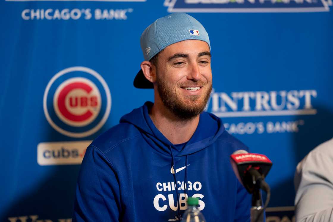 Cody Bellinger of the Chicago Cubs smiles at a press conference Cody Bellinger of the Chicago Cubs smiles at a press conference