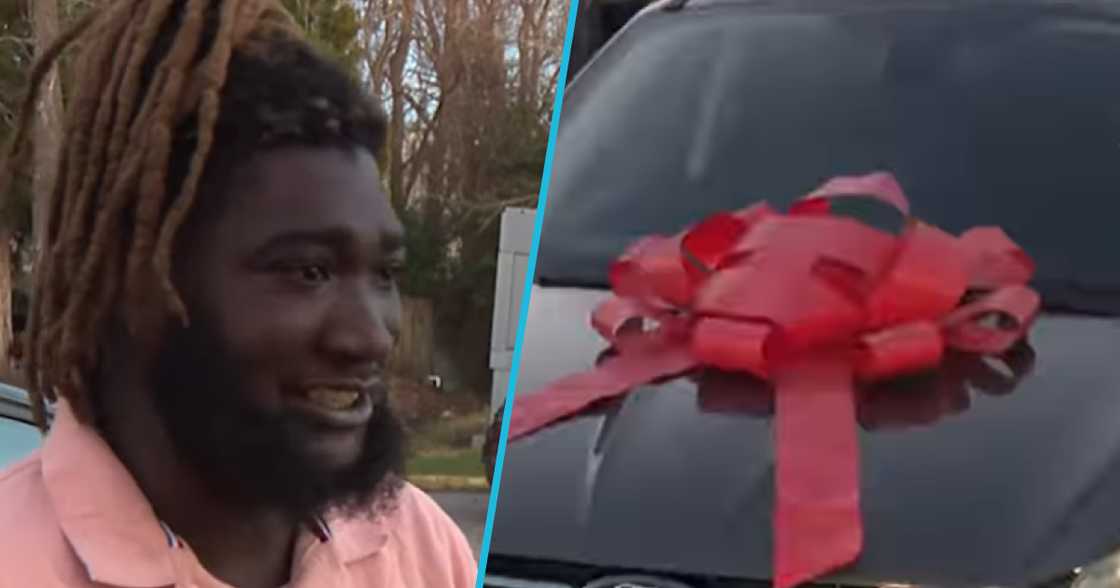 Young Black man receives new car. Young Black man receives new car.