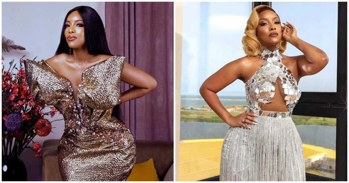 Celebrated Ghanaian actress Joselyn Dumas reinvented halted neck fashion trend in this photo collage Celebrated Ghanaian actress Joselyn Dumas reinvented halted neck fashion trend in this photo collage