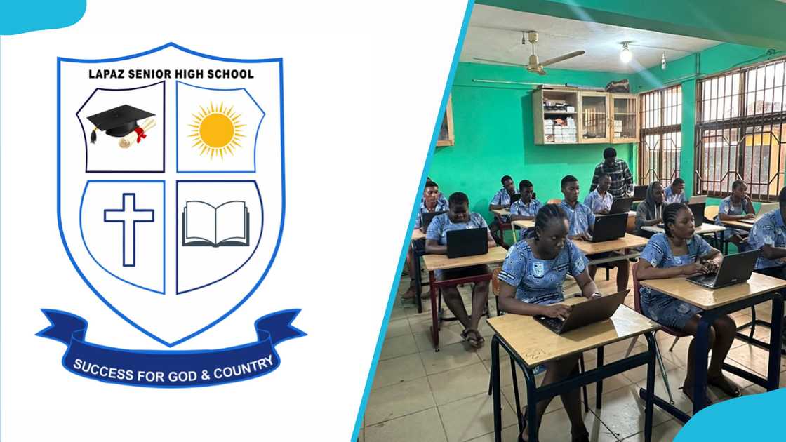 Lapaz Community SHS's logo and classroom Lapaz Community SHS's logo and classroom