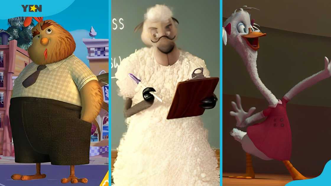 Chicken Little characters: Buck Cluck (L), Mr Woolensworth (M), and Goosey Loosey (R)