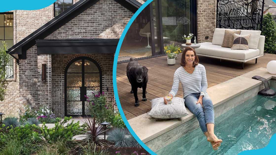 Hilary Farr's Raleigh home features a brick exterior (L), with Farr seen poolside with her dog, Suki (R) Hilary Farr's Raleigh home features a brick exterior (L), with Farr seen poolside with her dog, Suki (R)