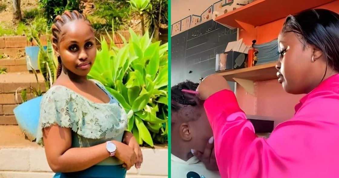 Teacher doing student's hair. Teacher doing student's hair.