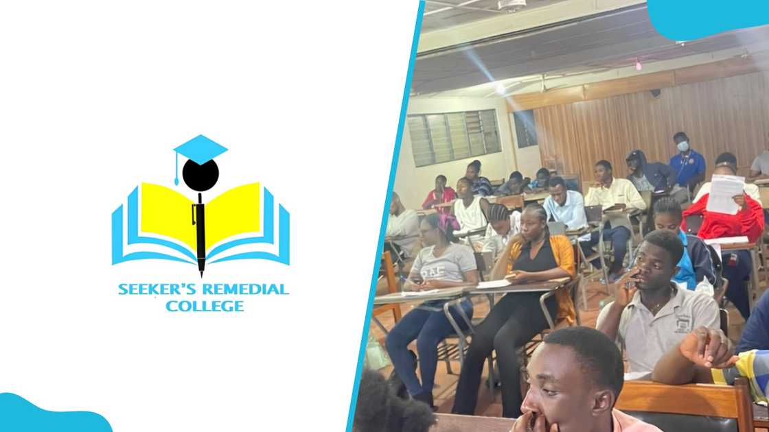 The logo of Seeker's Remedial College next to a classroom setting where students are actively engaged. The logo of Seeker's Remedial College next to a classroom setting where students are actively engaged.