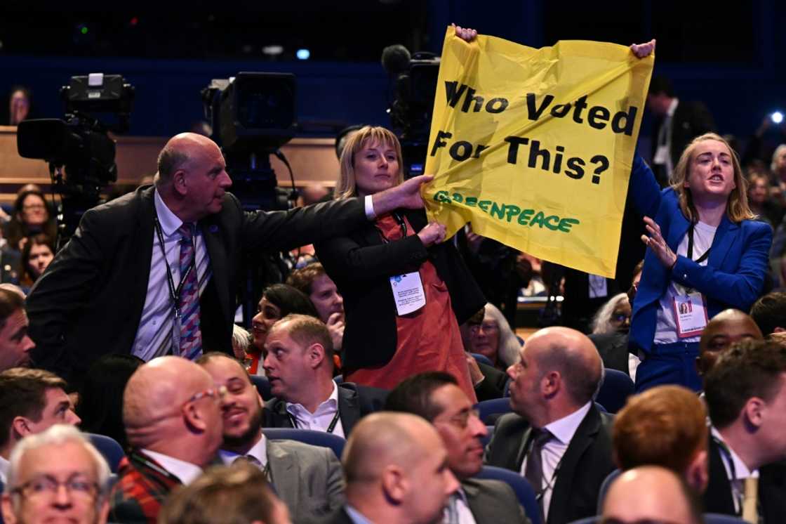 Truss's speech was interrupted by protesters from Greenpeace UK