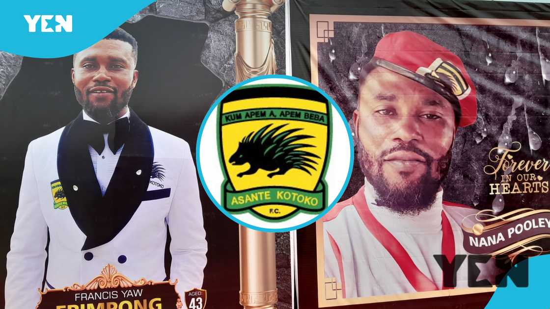 Mounted portraits of Francis Yaw Frimpong aka Pooley at the one-week observation event on Sunday, February 16 at the Heroes Park at Babayara Sports Stadium in Kumasi to mark his demise Mounted portraits of Francis Yaw Frimpong aka Pooley at the one-week observation event on Sunday, February 16 at the Heroes Park at Babayara Sports Stadium in Kumasi to mark his demise